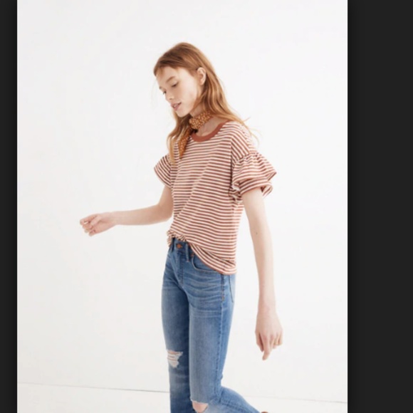 Madewell Tops - Madewell Ruffle Sleeve Tee Stripe Brown White Top